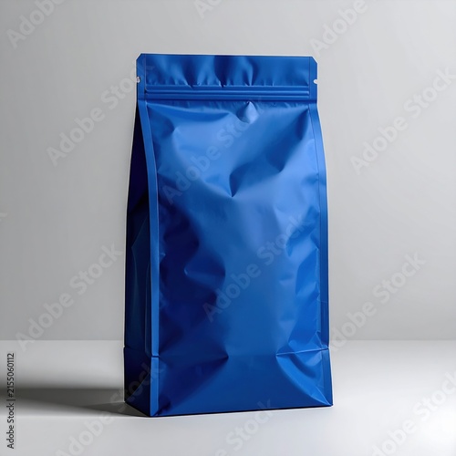 Isolated matte blue stand up pouch bag for food packaging, empty mockup for branding design