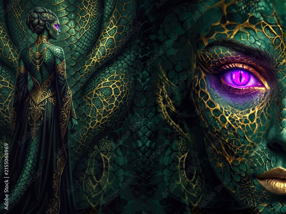 Fototapeta premium Green scaled serpent woman in a gold filigree gown, glowing purple reptile eye - dark fantasy priestess illustration