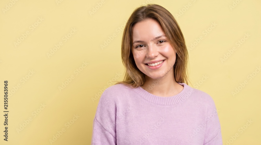 Fototapeta premium Portrait of a smiling young woman with curly hair wearing a pink sweater on yellow background