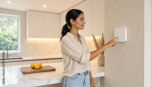 Woman using smart home technology in modern kitchen