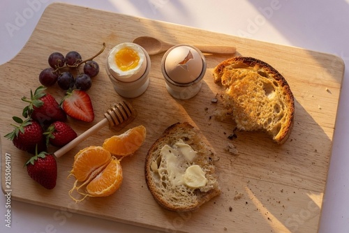 Breakfast board eggs fruit bread soft