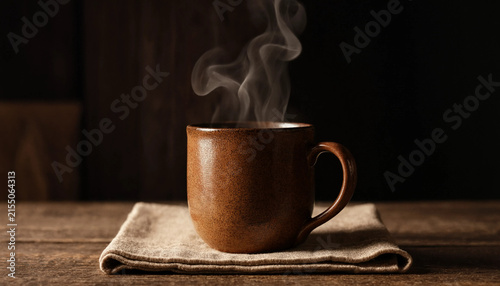 Hot beverage in ceramic mug with rising steam