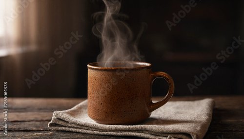 Hot beverage in ceramic mug with rising steam
