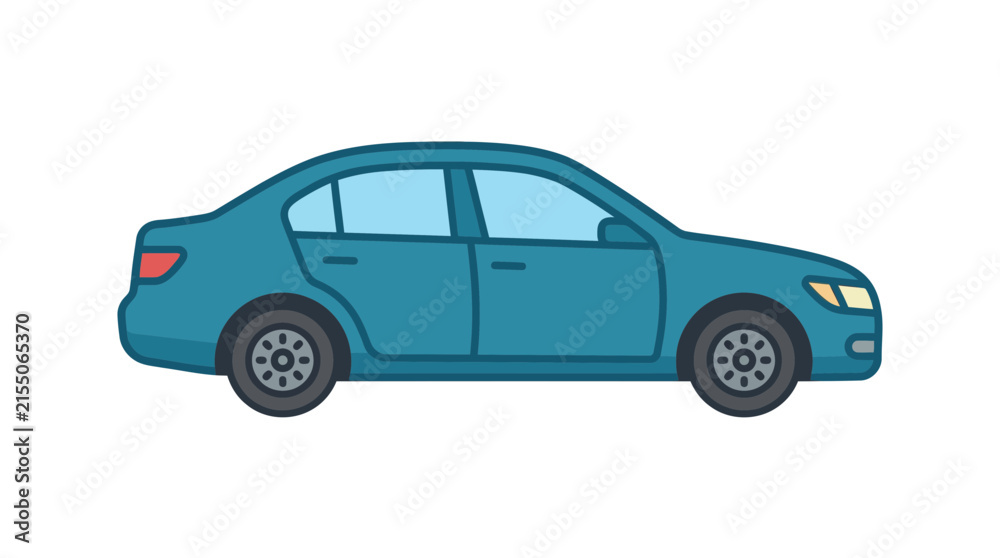 Fototapeta premium Blue sedan car side view flat illustration.
