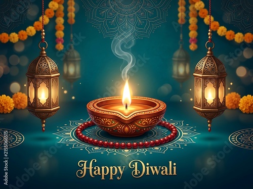 Beautiful Diwali celebration with lit diya lamp surrounded by decorative lanterns and garlands