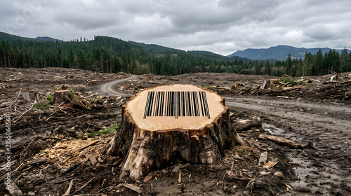 Surreal illustration of a freshly cut tree stump in a forest where the wood rings form a perfect commercial barcode, representing the ruthless commodification of natural resources.