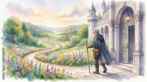 Traveler standing by castle overlooking flower path