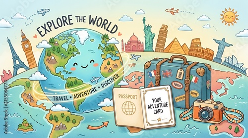 Travel illustration with suitcase, passport, and global landmarks