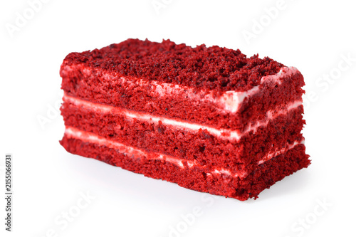 Cuadro en lienzo A slice of delectable red velvet cake rests on a bright white surface, showcasing its soft, moist layers