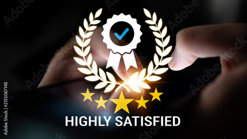 Cuadro en lienzo Highly Satisfied Customer Satisfaction Badge with Stars and Check Mark on a Dark Background