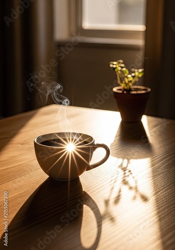 Steaming hot coffee cup and small potted plant.