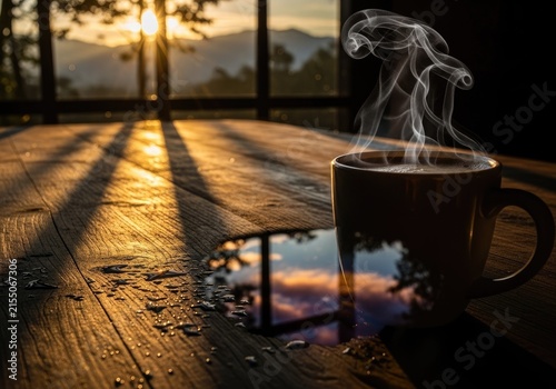 Steaming mug reflecting sunset on wet wooden table.