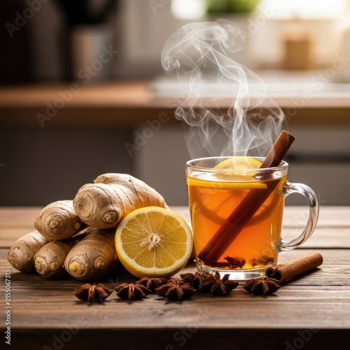 Steaming herbal tea with ginger and lemon spices.