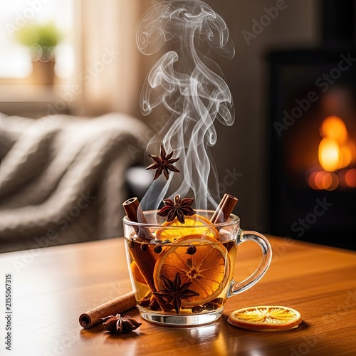 Steaming mulled cider glass with cinnamon and star anise.