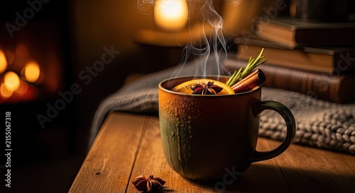 Steaming mulled cider mug on wooden table near fireplace.