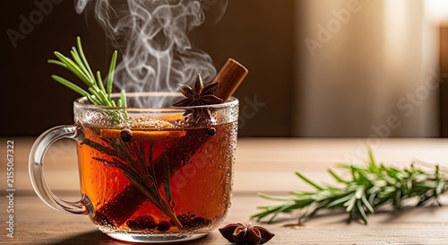 Steaming spiced herbal tea on wooden table.