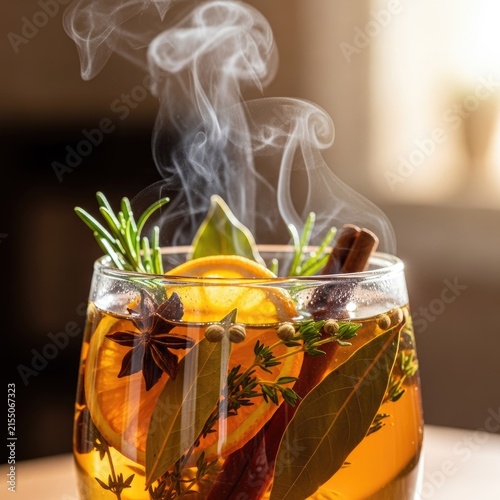 Steaming spiced herbal tea with orange and cinnamon sticks.