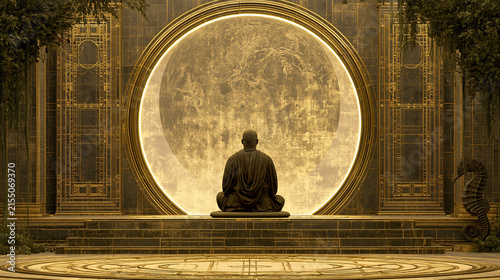 Meditating Figure Before Giant Moon Portal In Golden Hall