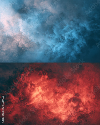 Blue And Red Cosmic Cloud Texture In Split Composition