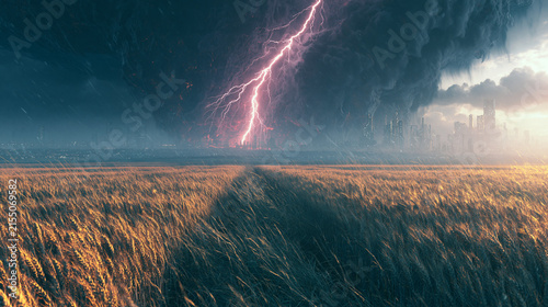 Lightning Strike Over Golden Wheat Field During Storm