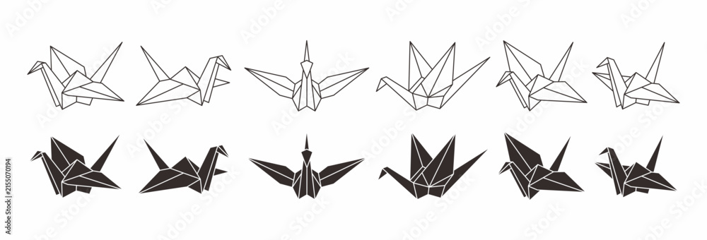 Obraz premium Origami Paper Crane Vector Icon Set, Minimalist Geometric Japanese Bird Line Art and Silhouette Collection Isolated on White Background