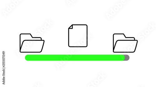 File sharing animation showing document moving between two folders with progress bar. Ideal for data migration and backup concepts.