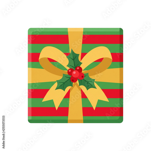 Christmas Gift Box with Golden Ribbon and Holly Berries