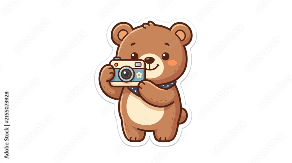 Fototapeta premium Adorable Cartoon Bear Photographer Holding a Retro Camera Sticker Illustration