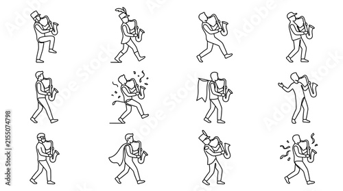 Photography Minimalist Continuous Line Art Set of Musicians Playing Saxophone in Various Cos