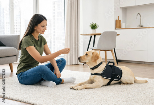 Young woman sitting on wooden floor spending quiet time together with loyal Labrador retriever dog