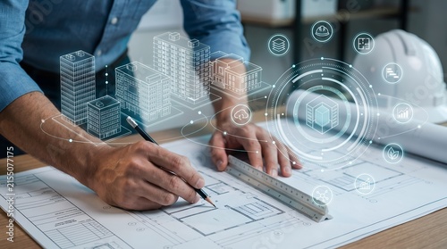 Smart infrastructure cloud connectivity concept featuring holographic buildings and eco-friendly icons on an engineer desk during urban planning