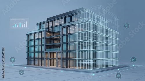 Commercial real estate technology concept illustrating building performance analytics and digital twin wireframe for modern glass office architecture