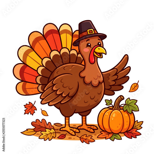 Cute Thanksgiving Turkey with Pumpkin and Autumn Leaves