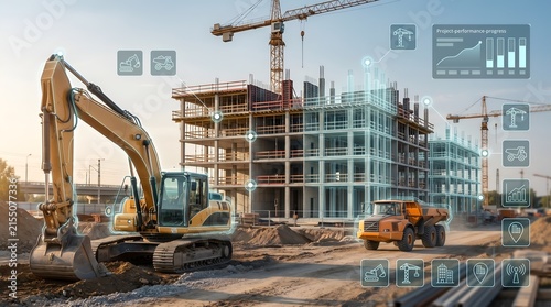 Construction technology and building information modeling overlay on active site with heavy machinery and project management analytics interface