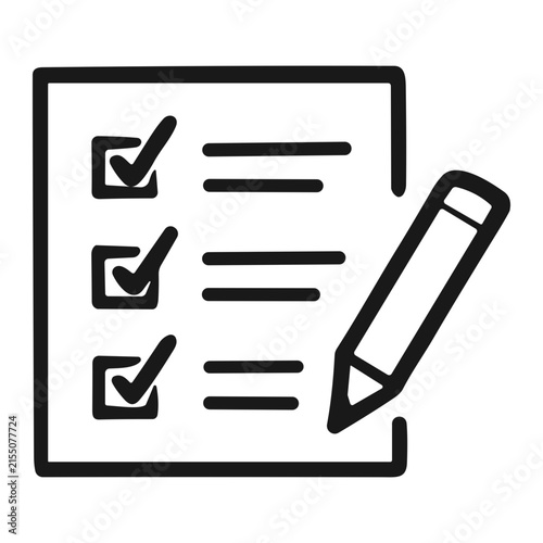 Black line checklist illustration of a sheet with three checked boxes and horizontal item lines beside a pencil, symbolizing completed tasks and note-taking