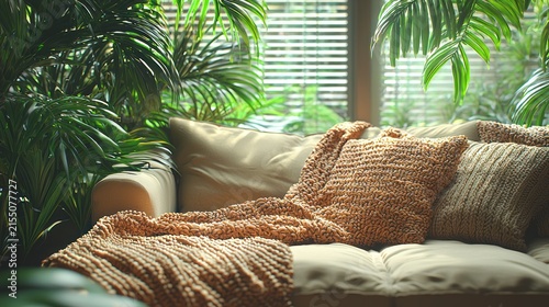 Cozy living space bathed in sunlight, featuring a comfortable sofa, soft pillows, and lush greenery