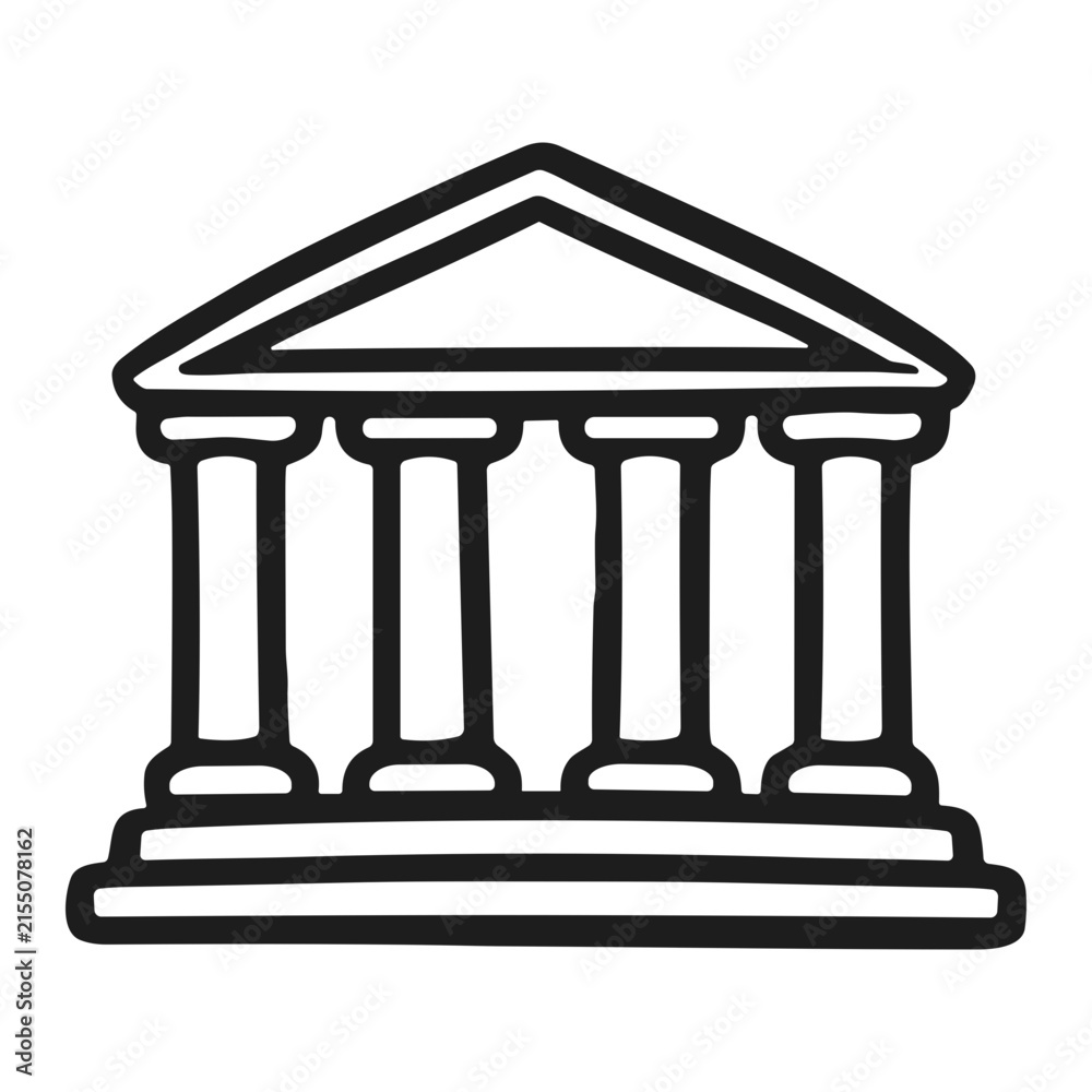 Fototapeta premium Black and white line illustration of a classical temple facade with a triangular pediment, five columns on a stepped base, representing government, law, and public institution.