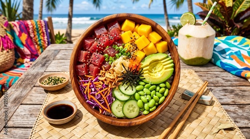 Delicious Fresh Tuna Poke Bowl with Vegetables Inspired by Japan Food Served on a Tropical Beach Table