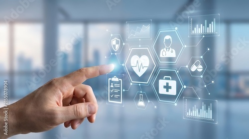 Telemedicine interface concept with glowing healthcare icons representing digital medical records and healthtech innovation