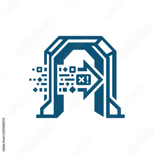 A blue digital archway icon with abstract data pixel elements