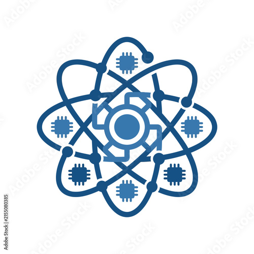 A blue digital atom icon representing advanced modern scientific research