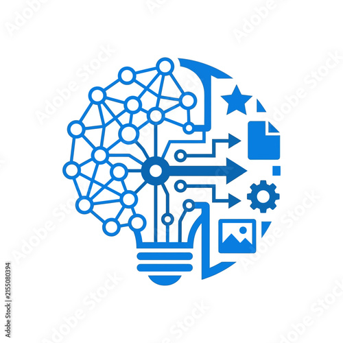 A blue digital brain icon representing artificial intelligence and data