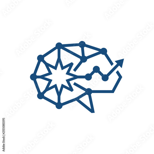 A blue digital brain icon with a rising growth trend line