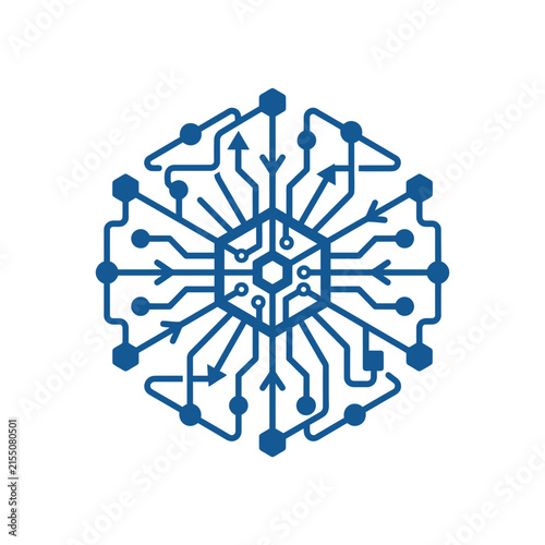 A blue digital circuit board pattern shaped like a snowflake