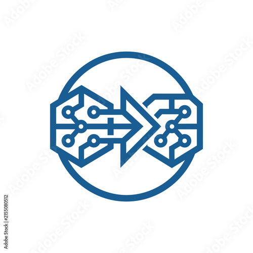 A blue digital circuit icon on a clean white background