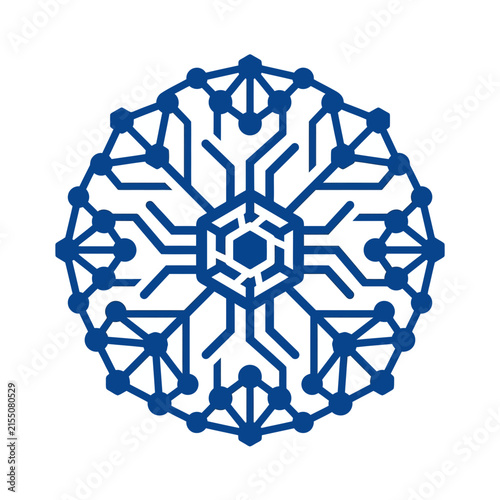 A blue digital circuit pattern arranged in a circular shape