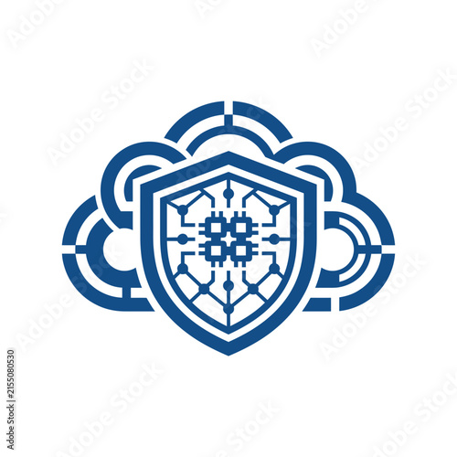 A blue digital cloud icon with a central protective shield symbol