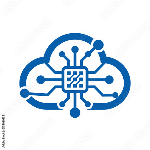 A blue digital cloud icon with integrated circuit board lines