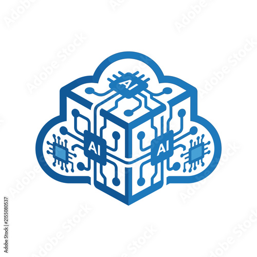 A blue digital cloud icon with integrated circuit board patterns