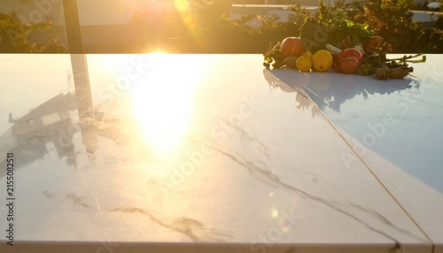Vibrant Bell Peppers Bathed in Golden Sunset Light on a Reflective Surface.